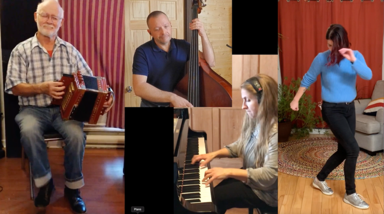 Un collage de quatre artistes. Un accordéoniste, un bassiste, une pianiste et une danseuse.